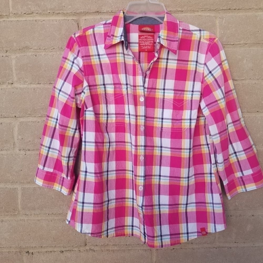 DICKIES Button Up Pink Plaid Shirt. Sz M